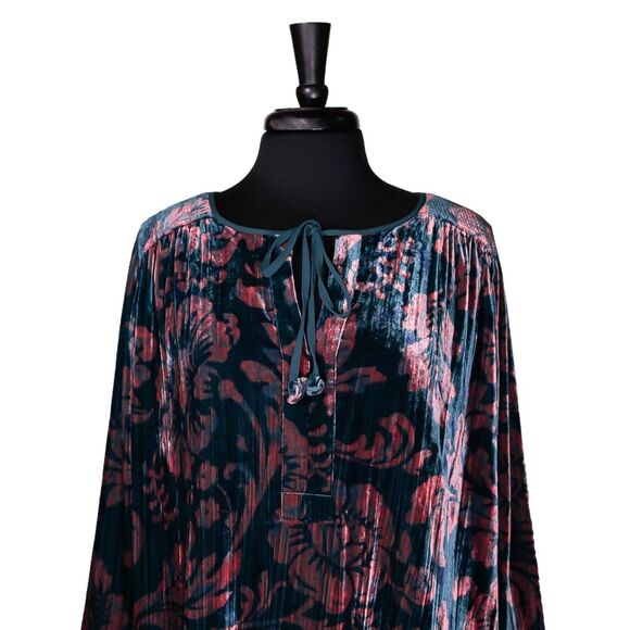 Anthropologie Women's Blouse Teal Peach Floral Velvet Oversized Tie Front Top L - Picture 5 of 10